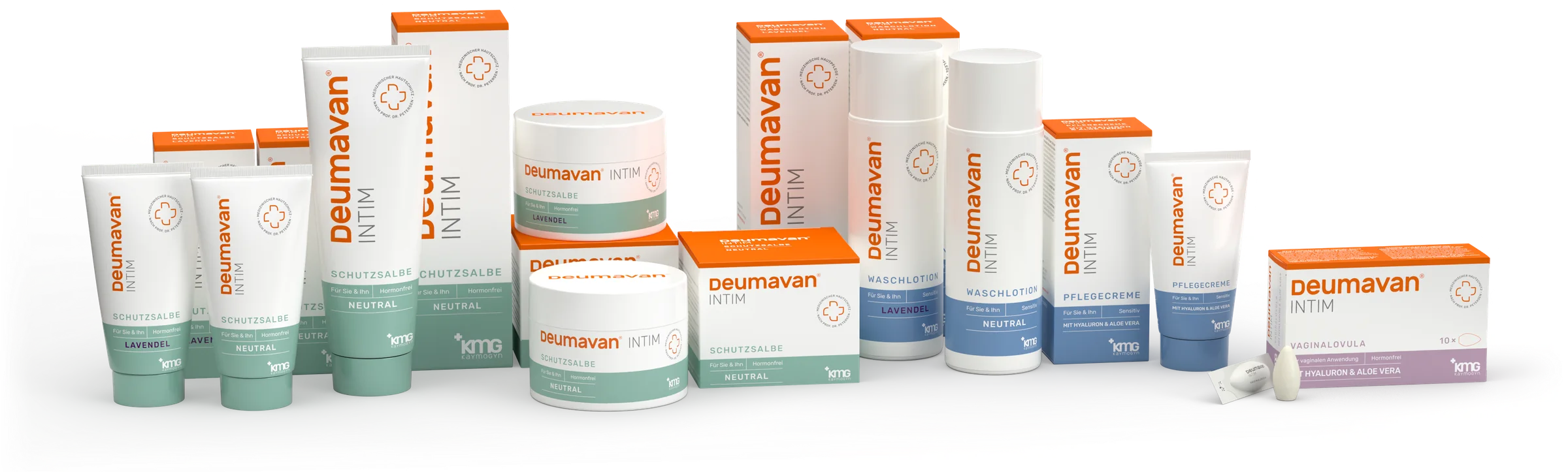 The Deumavan Intim range: protective ointments, wash lotions, care creams and vaginal ovules, in neutral and lavender variants.